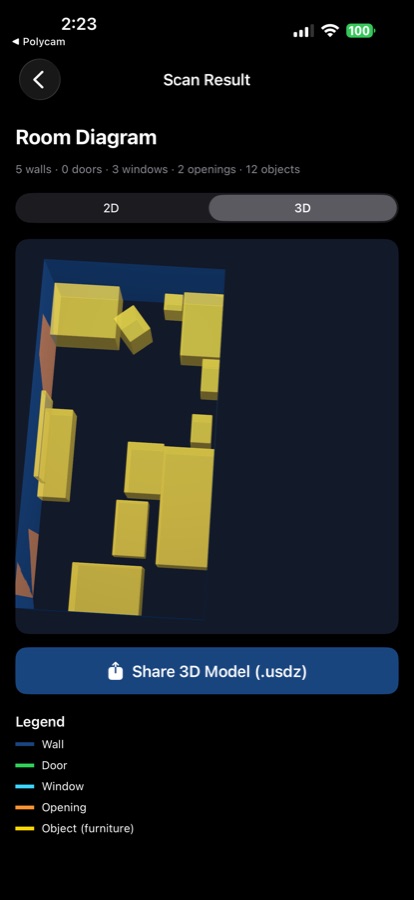 Fast Maps 3D room scan result with model export button
