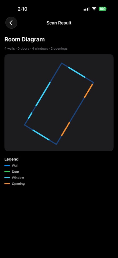 Fast Maps room diagram showing measured walls, windows, and openings