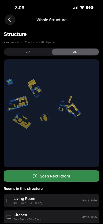 Fast Maps whole-structure view with multiple scanned rooms